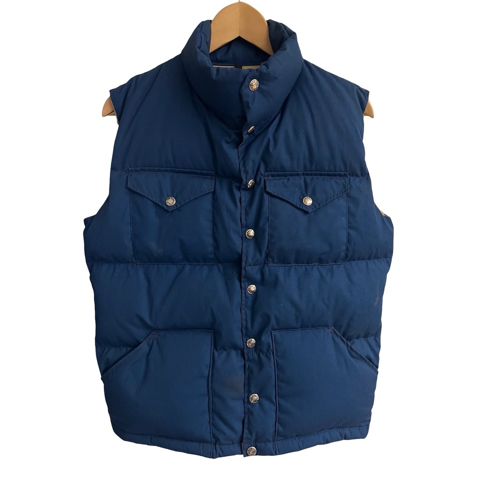 VTG The North Face 70s Mens S Blue Down Puffer Vest Snap USA-Made Brown Label